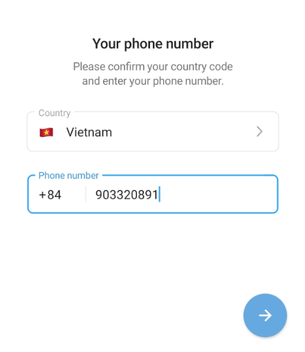 Nhập số điện thoại đăng nhập Telegram