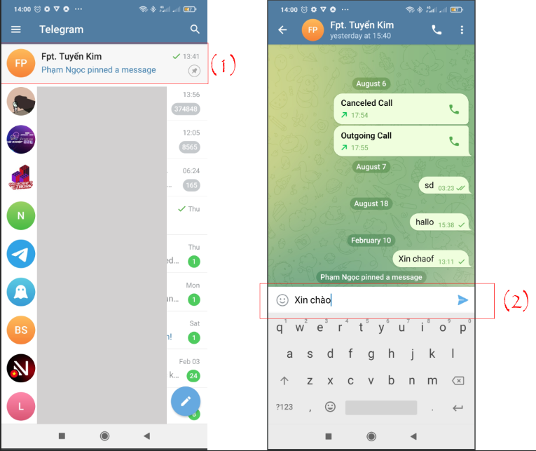 Gửi tin nhắn trên Telegram điện thoại